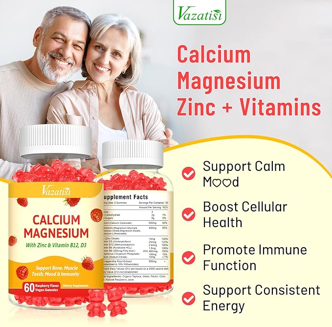 2 Pack Calcium Gummies with Magnesium, Zinc, Vitamin D3 & B12, Calcium Supplements for Women Men, Support Bone, Muscle and Immunity, 120 Vegan Raspberry Flavor Gummies