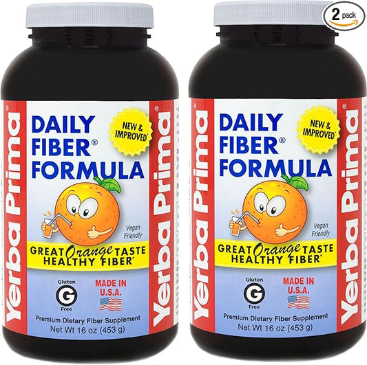 Yerba Prima Daily Fiber Formula 16 oz (Pack of 2) - Premium Dietary Fiber Supplement, Non-GMO, Gluten Free, Made in The USA, Orange Flavor