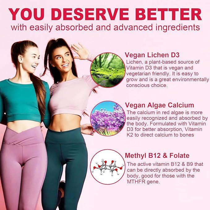 Sugar-Free Methylated Multivitamin for Women Gummies, Algae Calcium, Vitamin A, C, E, B12, D3 K2, Iron, Folate, Biotin, Inositol - Multi Vitamins & Minerals - Energy, Immune, Blood, Bone, Vegan 120Cts