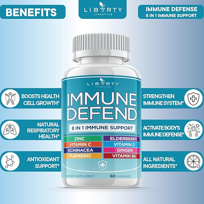8 in 1 Immune Defense Support, Immunity Capsules Supplement Booster with Echinacea Zinc 50mg, Vitamin C , D3 5000 IU, Turmeric Curcumin & Ginger, Echinacea - Allergy Relief for Kids Adults (1 Pack)