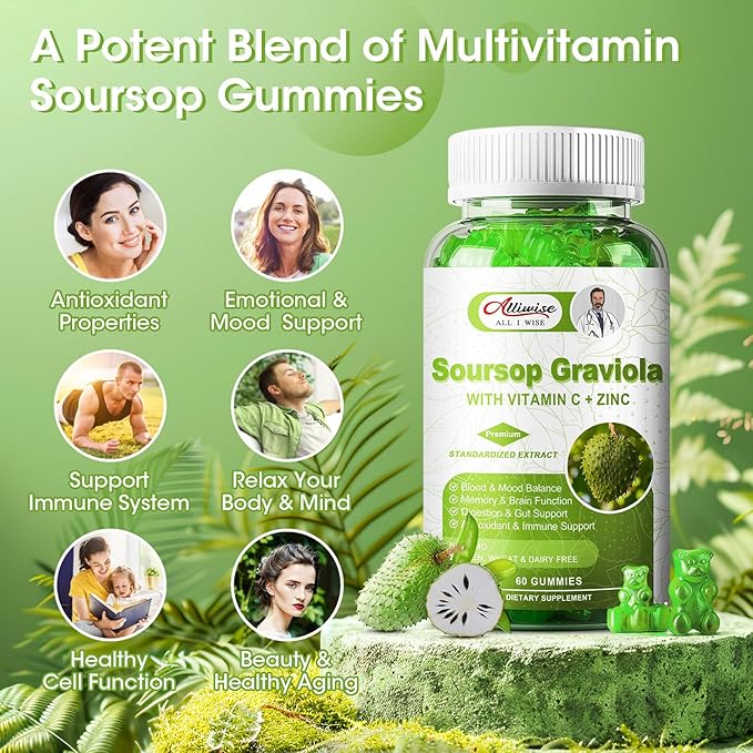 2000mg Natural Soursop Graviola Gummies Supplement, Original Soursop Leaves Extract with Vitamins C & Zinc for Women & Men, Multivitamin Soursop Fruit Supplement for Immunity & Antioxidant & Energy