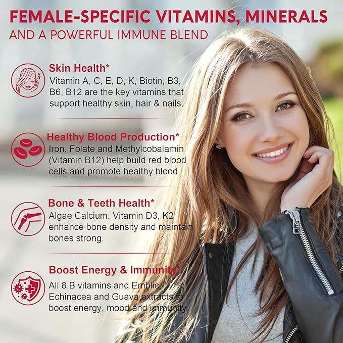 Sugar-Free Methylated Multivitamin for Women Gummies, Algae Calcium, Vitamin A, C, E, B12, D3 K2, Iron, Folate, Biotin, Inositol - Multi Vitamins & Minerals - Energy, Immune, Blood, Bone, Vegan 120Cts