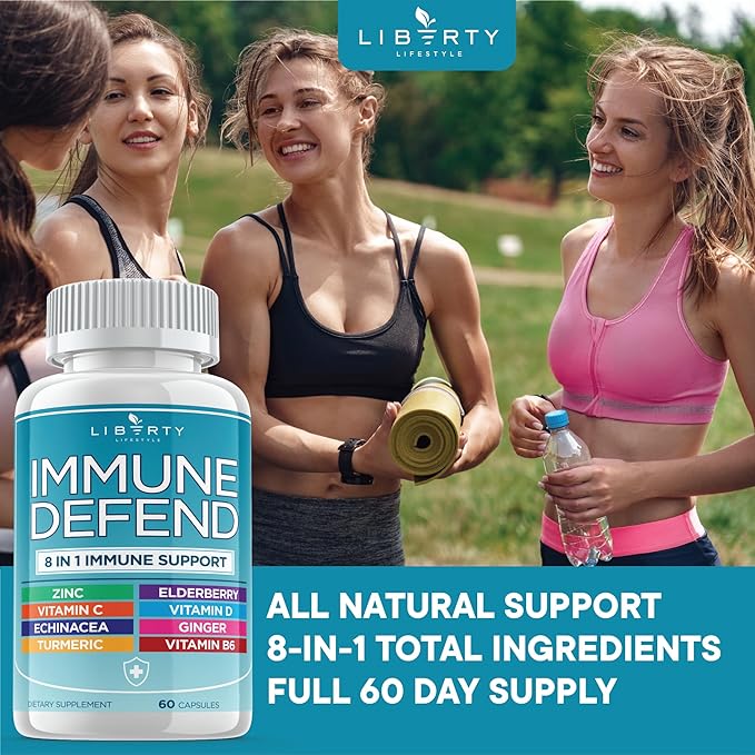 8 in 1 Immune Defense Support, Immunity Capsules Supplement Booster with Echinacea Zinc 50mg, Vitamin C , D3 5000 IU, Turmeric Curcumin & Ginger, Echinacea - Allergy Relief for Kids Adults (1 Pack)