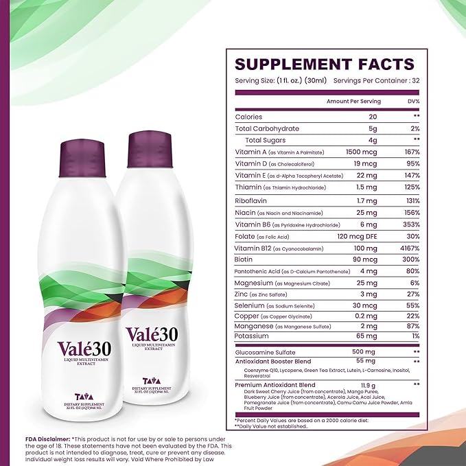 TAVA Valé30® - Liquid Multivitamin for Men, Women, and The Whole Family, Vitamin A Liquid Energy Supplements for 30 Days with Vitamin B Complex - Liquid Vitamins Boost Drink for Everyone - 2 Bottles