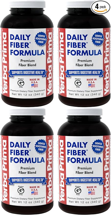 Yerba Prima Daily Fiber Formula Powder - 12 oz (Pack of 4) - Soluble & Insoluble Dietary Fiber Supplement - Gut Health - Vegan, Non-GMO, Gluten-Free