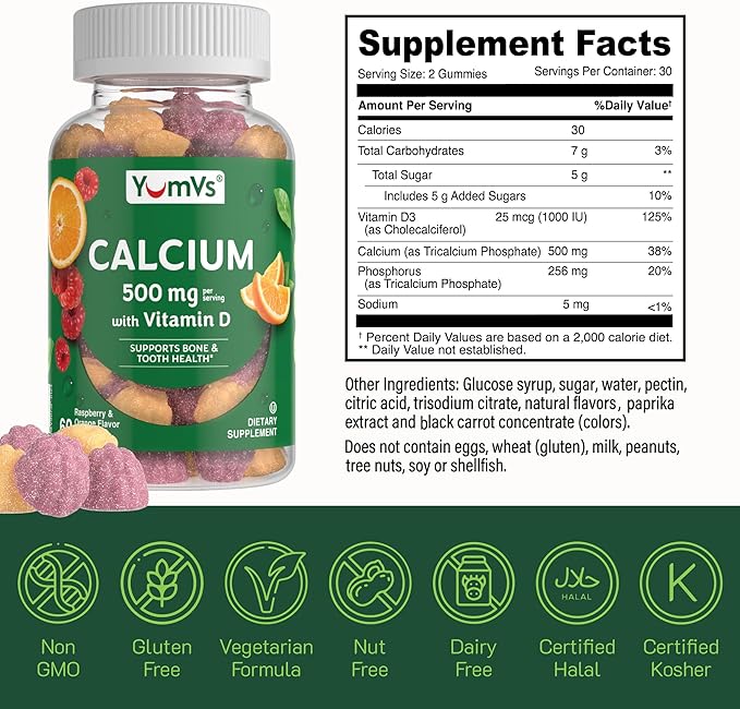 YumVs Calcium 500mg with Vitamin D3 - Raspberry & Orange Flavor Calcium Vitamin D Gummies, Chewable Calcium Supplement for Kids & Adults, Vitamin D Calcium Gummies, Kosher Halal Gluten Free (60 Count)