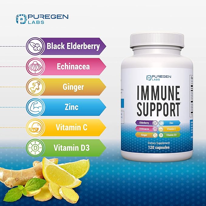 6 in 1 Immune Support 120 Capsules with Powerful Blend of Elderberry, Echinacea, Ginger, Vitamin C 650mg, Vitamin D3 5000 IU & Zinc Picolinate 30mg- Immune Booster Supplement for Adults and Kids