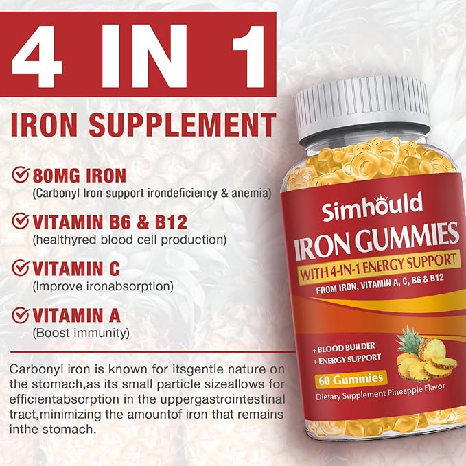 2 Pack Vegan 80MG Iron Supplement Gummies for Women & Men - Vitamin A, C, B for Adults & Kids - Blood Builder & Energy Support for Iron Deficiency, Anemia, 120 Counts Pineapple Flavor Gummies