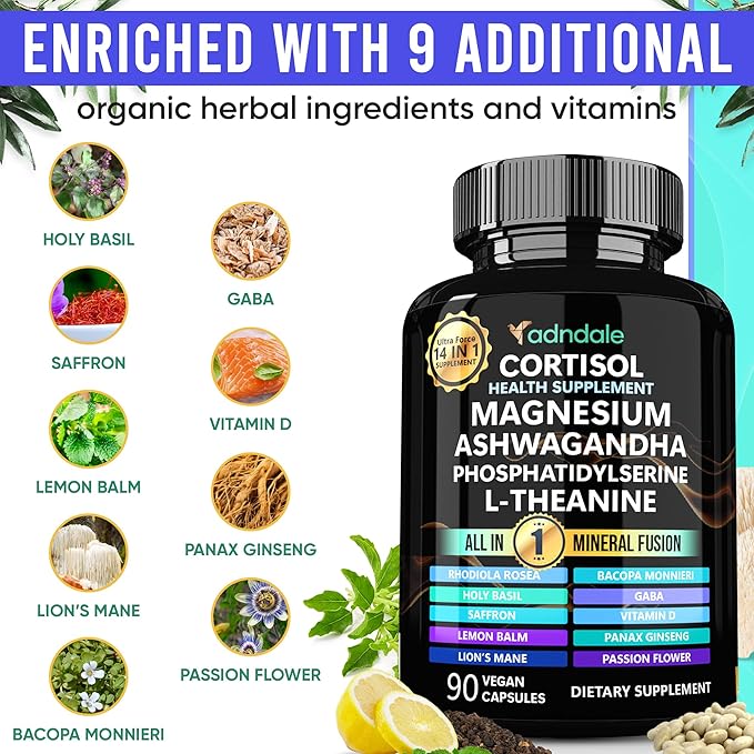 14-in-1 Cortisol Health Supplement with Ashwagandha, Magnesium Glycinate, Rhodiola, L-Theanine, Holy Basil & More. Cortisol Supplements for Women Support Stress Management & Stamina. 90 Capsules.