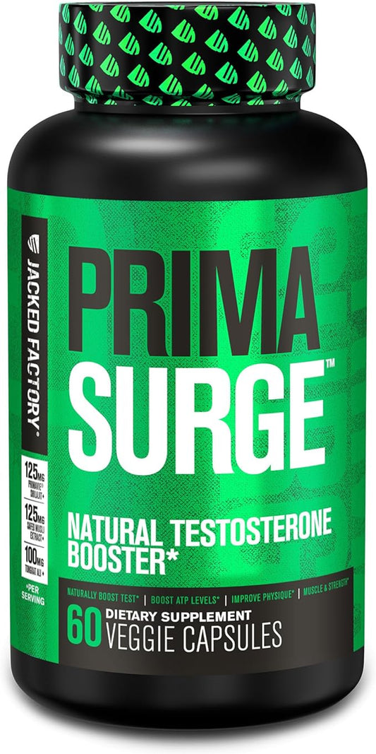 Jacked Factory Testosterone Booster for Men PRIMASURGE - w/Tongkat Ali, PrimaVie, Ashwagandha - Boost Vitality, Muscle Growth & Energy | Natural Test Booster Supplement - 60 Veggie Pills