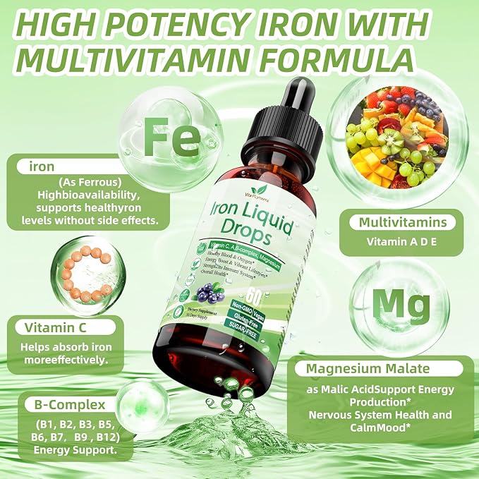2 Pack Liquid Iron Supplement for Women Men & Kids, Vegan Iron Drops with Vitamin C D, B12, B-Complex, High Potency Liquid Iron with Multivitamin for Anemia, Energy Support, Magnesium Iron Gentle