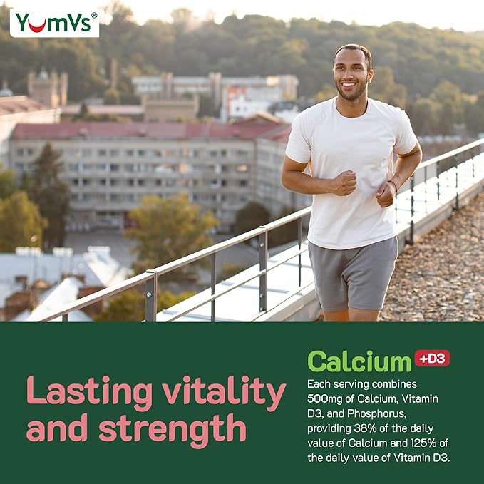 YumVs Calcium 500mg with Vitamin D3 - Raspberry & Orange Flavor Calcium Vitamin D Gummies, Chewable Calcium Supplement for Kids & Adults, Vitamin D Calcium Gummies, Kosher Halal Gluten Free (60 Count)