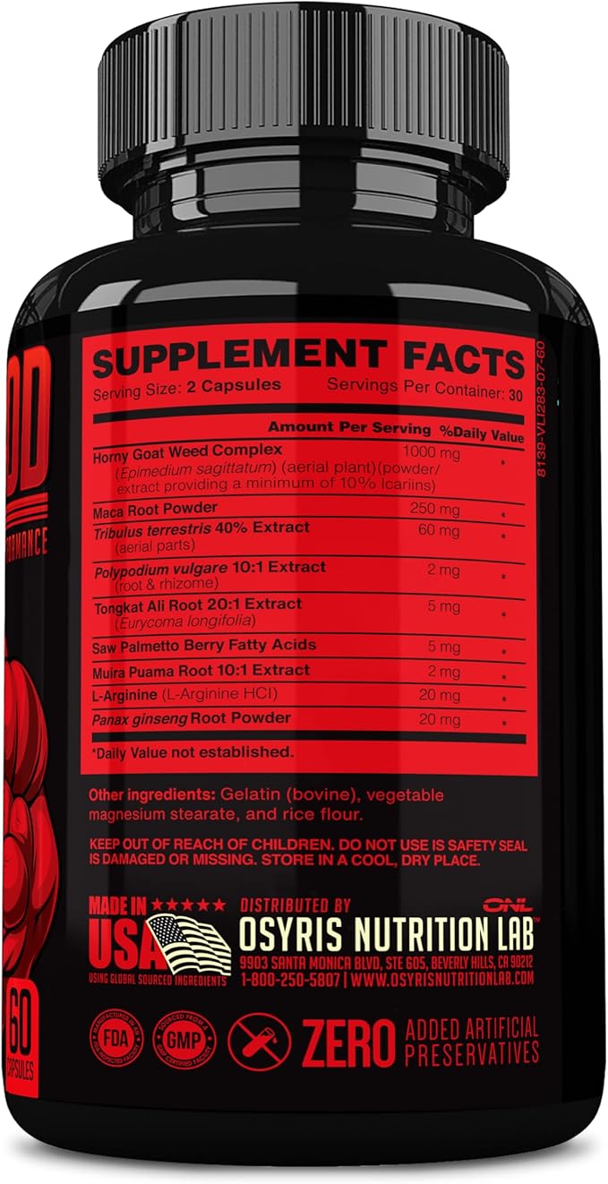 Bull Blood Testosterone Booster for Men - Testosterone Supplement for Stamina & Endurance - Maca Root, Horny Goat Weed, Tribulus Terrestris Extract & Tongkat Ali - Male Enhancing Supplement - 60 Ct