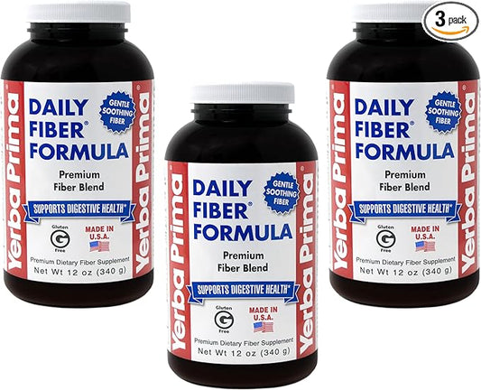 Yerba Prima Daily Fiber Formula 12 oz (3 Pack) - Soluble & Insoluble Dietary Fiber Supplement - Colon Health - Vegan, Non-GMO, Gluten-Free