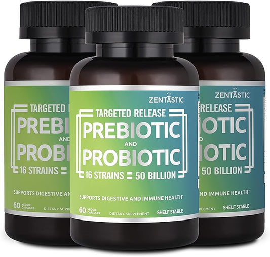 Zentastic Probiotics & Prebiotics Supplement - 50 Billion CFU - for Men & Women’s Immune & Digestive Health - 16 Strains - Shelf Stable - 180 Delayed Release Veggie Capsules