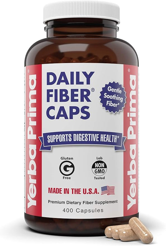 Yerba Prima Daily Fiber Caps Formula, 400 Capsules - Both Soluble and Insoluble - with Psyllium Seed Husks, Acacia Gum, Apple Fiber and More - Dietary Supplement