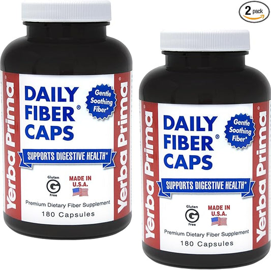 Yerba Prima Daily Fiber Formula - 180 caps (Pack of 2) - Soluble & Insoluble Dietary Fiber Supplement - Colon Cleanse - Gut Health - Vegan, Non-GMO, Gluten-Free