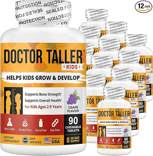 Doctor Taller Kids - Support Height Growth with Multivitamins, Multiminerals, Calcium - Height Growth Formula for Kids Ages 2 to 9 - Grape Flavor - Helps Kids Grow Taller - 12 Pack | 18 Months Supply