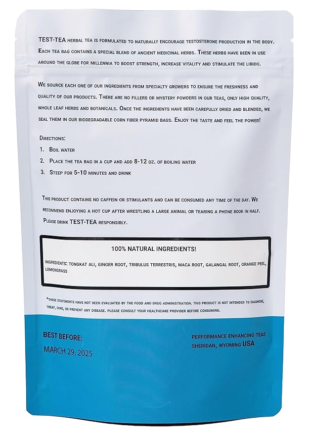 Test-Tea | Testosterone Boosting Herbal Tea for Men | Ginger and Lemongrass Flavor | 20 Pack Bag | with Tongkat Ali, Tribulus Terrestris and Maca Root by Performance Enhancing Teas