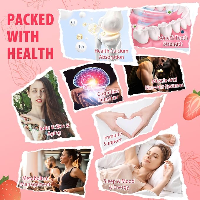 Calcium Magnesium Zinc Gummies Sugar-Free with Vitamin D3 B6 B12,High Absorption Calcium Magnesium Supplement,Bone, Muscles,Calm Mood,Sleep Support for Kids adults,90 Count Vegan Strawberry Flavor