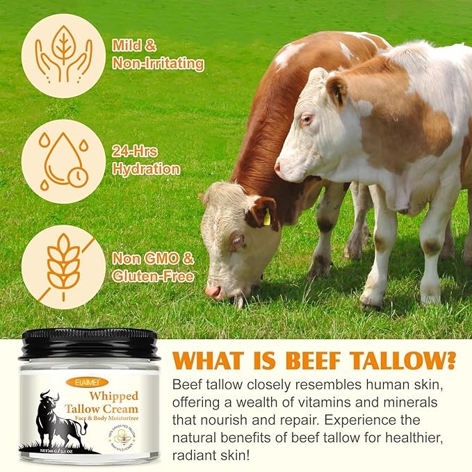 2PCS Beef Tallow and Honey Cream for Skin, Moisturizer Cream, Whipped Tallow Cream for Smooth Nourishing Face & Body, Natural Beef Tallow Balm for Skin Care, Beef Tallow, Butter and Honey Balm