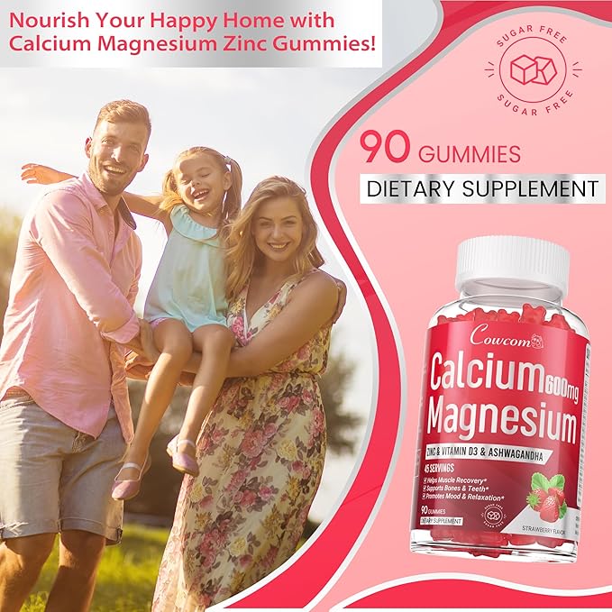 Calcium Magnesium Zinc Gummies Sugar-Free with Vitamin D3 B6 B12,High Absorption Calcium Magnesium Supplement,Bone, Muscles,Calm Mood,Sleep Support for Kids adults,90 Count Vegan Strawberry Flavor