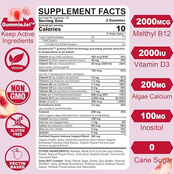 Sugar-Free Methylated Multivitamin for Women Gummies, Algae Calcium, Vitamin A, C, E, B12, D3 K2, Iron, Folate, Biotin, Inositol - Multi Vitamins & Minerals - Energy, Immune, Blood, Bone, Vegan 120Cts
