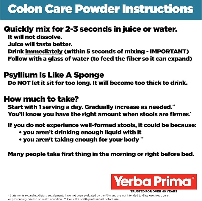 Yerba Prima Prebiotic Colon Care Formula, 20 oz Powder (Pack of 2) with FOS - Natural Psyllium Fiber, Magnesium, Selenium - Non-GMO, Gluten Free, Vegan Daily Supplement - for Men & Women