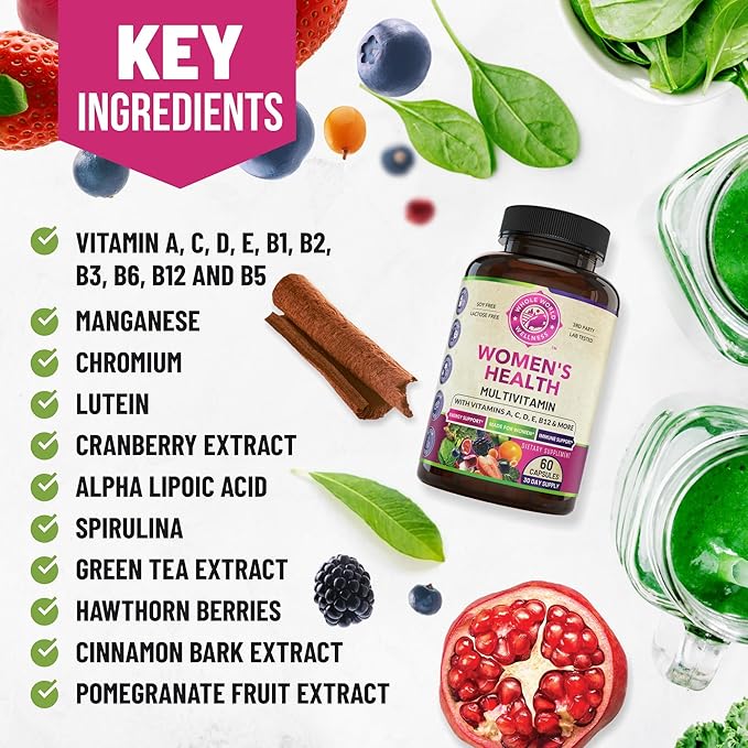 Womens Daily Multivitamin Multimineral Supplement for Energy, Mood, Focus, Hair, Skin & Nails. Made for Women with 30+ Nutrients, Fruit & Energy Blend. Womens Vitamins 60 Capsules