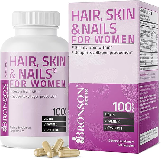Bronson Hair, Skin & Nails with Biotin Extra Strength Vitamin Supplement for Women, 100 Capsules