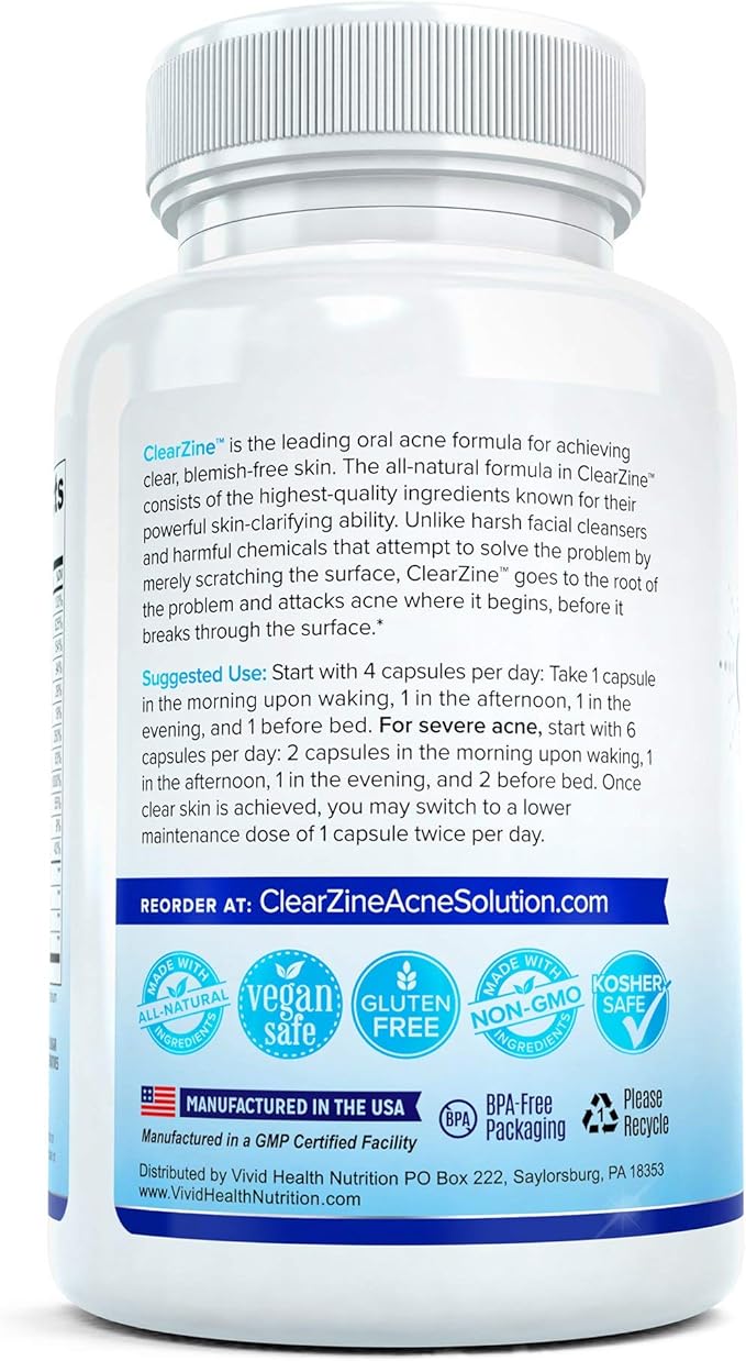 Acne Pills for Teens & Adults | Clear Skin Supplement, Vitamins for Hormonal & Cystic Acne, 90 Caps