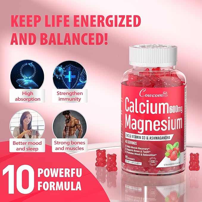 Calcium Magnesium Zinc Gummies Sugar-Free with Vitamin D3 B6 B12,High Absorption Calcium Magnesium Supplement,Bone, Muscles,Calm Mood,Sleep Support for Kids adults,90 Count Vegan Strawberry Flavor