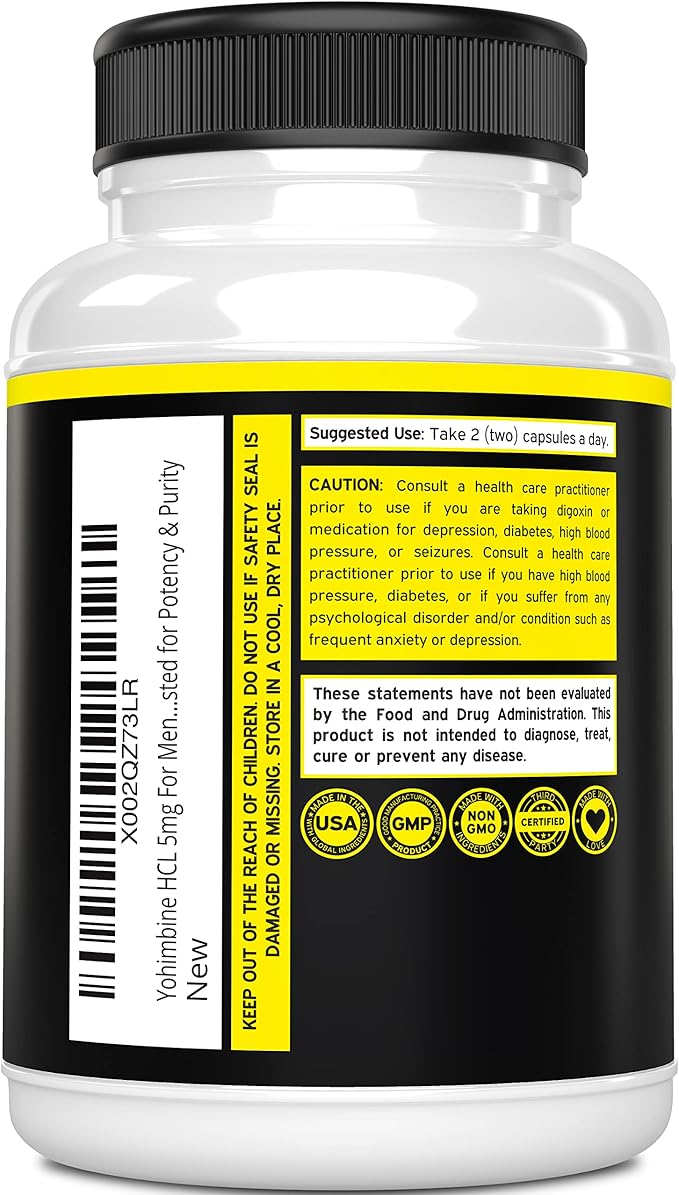 Yohimbine HCL 5mg For Men and Women (270 Capsules) - More Potent Than Yohimbe Bark Extract - Gluten Free & Non-GMO - USA Made - Quality Guarantee - Third Party Tested for Potency & Purity