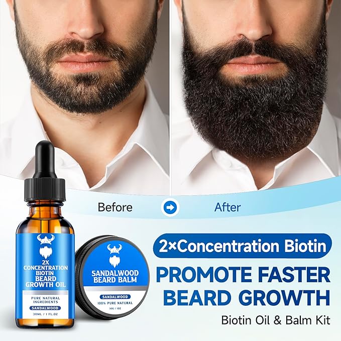 Beard Growth Oil & Beard Balm - Beard Growth Kit with 2X Concentration Biotin for Men, Natural Ingredients with Argan Oil, Jojoba Oil and Vitamin (Sandalwood)