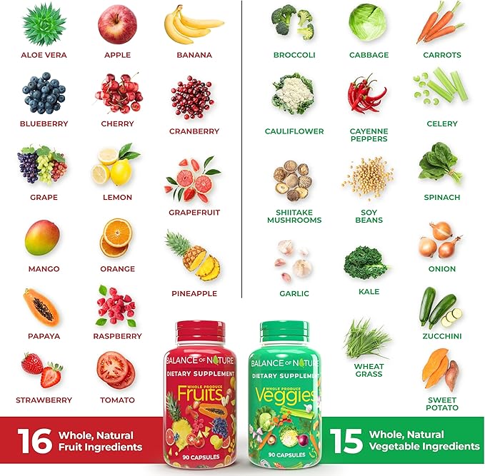 Balance of Nature Whole Food Supplement with Fruit and Vegetable Ingredients for Women, Men, and Kids - 90 Capsules, 3 Sets