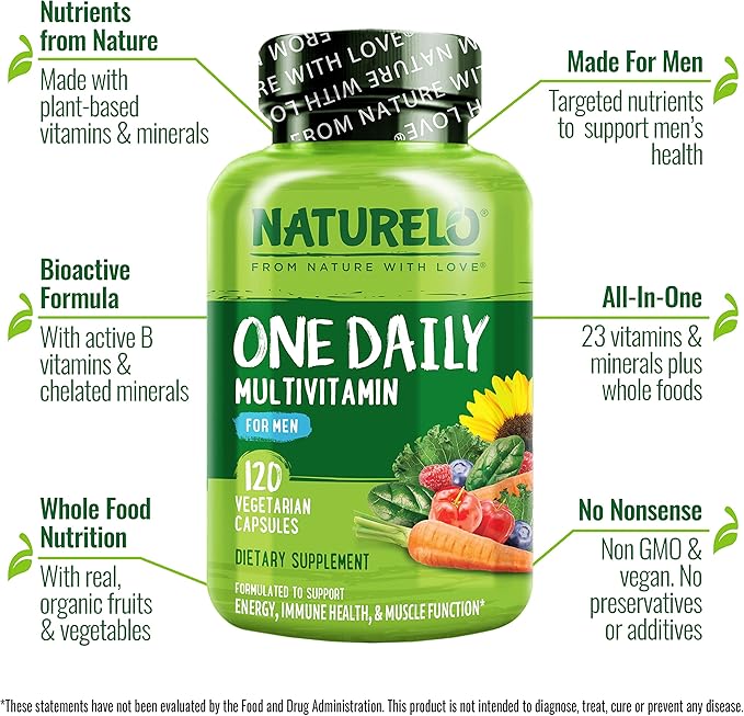 NATURELO One Daily Multivitamin for Men - with Vitamins & Minerals + Organic Whole Foods - Supplement to Boost Energy, General Health - Non-GMO - 180 Capsules