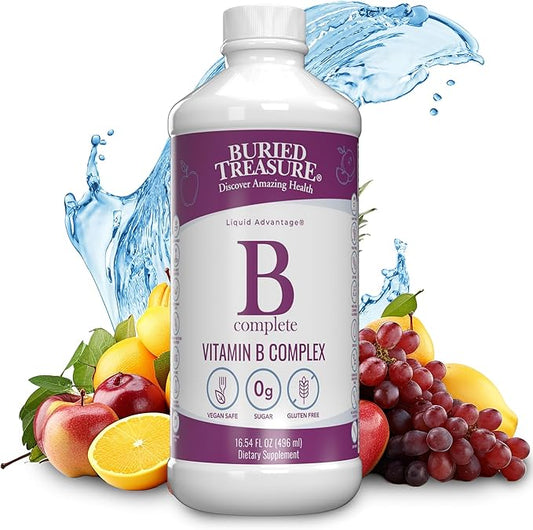 Buried Treasure B Complete - 16 Fl oz, All 8 B Vitamins with Methylated B12 & Methylfolate, Biotin, B1, B2, B6, Antioxidant Support, Liquid & Sugar-Free, B complex vitamins for Women & Men.