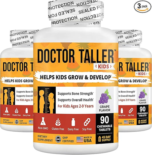 Doctor Taller Kids - Kids Multivitamins, Toddler Vitamins - Support Height Growth, Enhanced Immunity with Calcium, Multivitamins for Ages 2 to 9 - Grape Flavor - 90 Vegan Chewable Tablets | 3 Pack