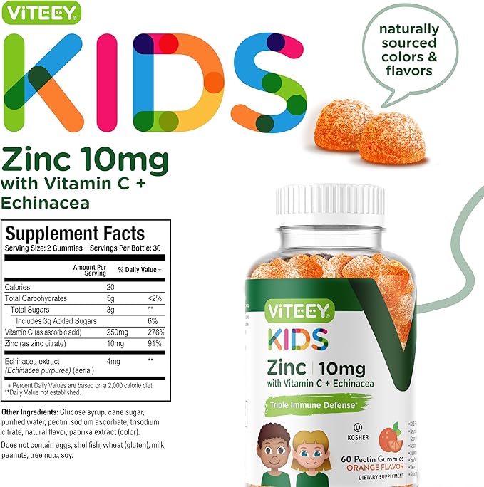 Zinc for Kids Gummies 10mg, with Vitamin C & Echinacea for Kids - Immune Support, Powerful Natural Antioxidant, Kids Zinc Vitamin Supplement - Vegan, Gelatin Free - Tasty Chewable Orange Flavor Gummy