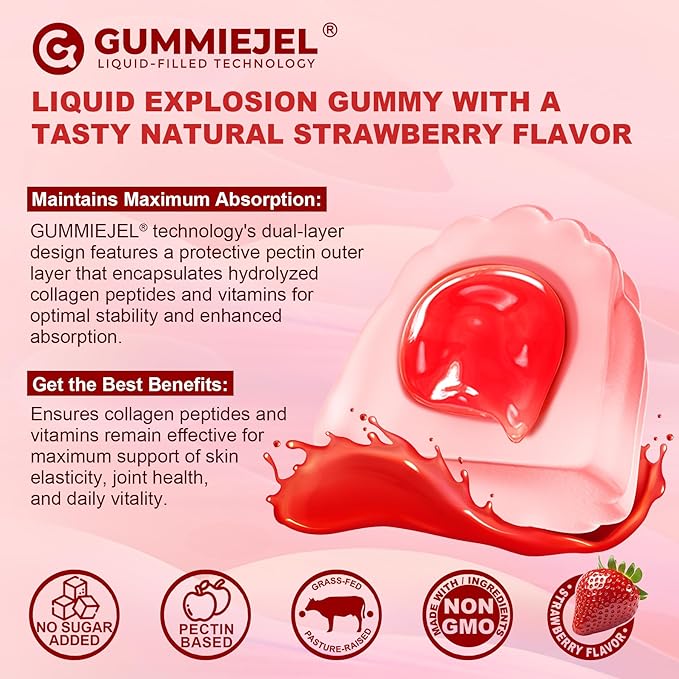 2Pack Sugar-Free Hydrolyzed Collagen Peptide Filled Gummies, with 1500mg Protein Type I,II,III,V,X with 5000mcg Biotin Vitamin C A E D3 B6 B12 for Immune Digestion Skin Hair Nails Energy Bone Joint