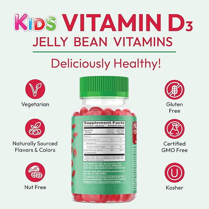 Vitamin D3 Jelly Bean Gummies for Kids, 25mcg/1000 IU Vitamin D, Nutritional Vegetarian Supplements, 120 Strawberry Blast Jelly Beans, Kosher