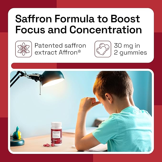 NAVEH PHARMA® OptiMind - Focus Supplement | Natural Supplements for Kids | 30 MG Saffron Supplements: Kids Vitamins and Memory Supplement for Brains | Mood Support | 60 Calm Gummies (Strawberry)