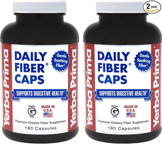 Yerba Prima Daily Fiber Caps - 180 Capsules, (Pack of 2) - Soluble & Insoluble Fiber Supplement - Colon Cleanse - Vegan, Non-GMO, Gluten-Free