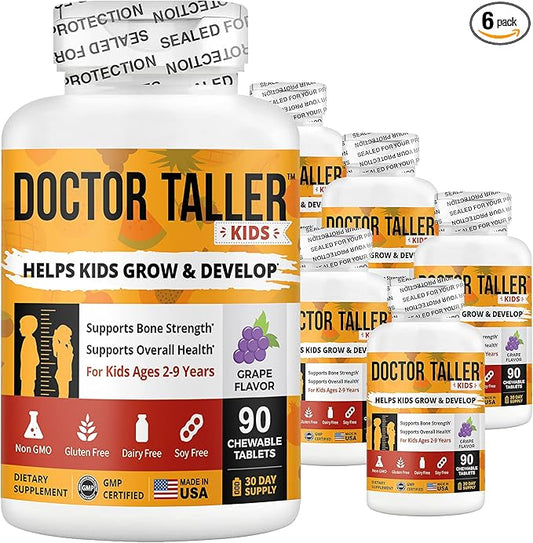 Doctor Taller Kids - Support Height Growth with Multivitamins, Multiminerals, Calcium - Height Growth Formula for Kids Ages 2 to 9 - Grape Flavor - Helps Kids Grow Taller - 6 Pack | 9 Months Supply