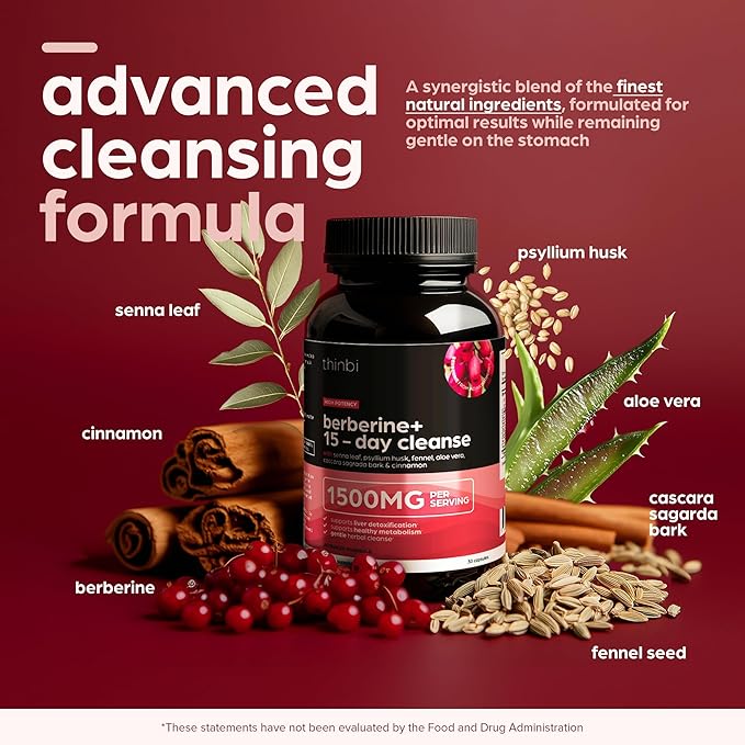 Colon Cleanse Berberine Supplement 1500mg - 15-Day Advanced Detox for Men & Women - Extra Strength w/Senna Leaf, Fast-Acting Natural for Constipation, Gut Health & Bloating Relief - THINBI