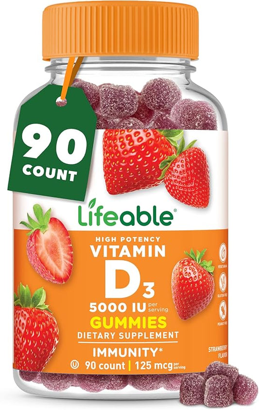 Vitamin D Gummies for Adults | 5000 IU | Great Tasting D3 Vitamin | Immune Support and Healthy Bones Vitamin D Supplement for Men, Women | 90 Gummies | Lifeable