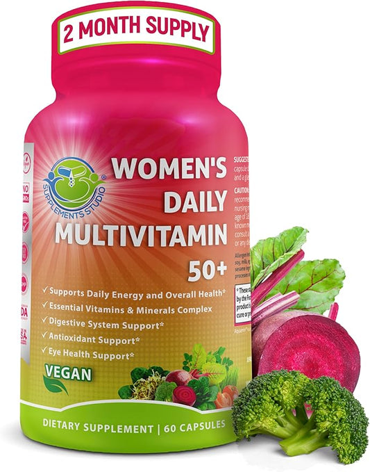Women's Daily Multivitamin 50 plus - Vegan Multivitamin for Women 50 and over with Biotin, Organic Superfoods, B-Complex, Lutein for Optimal Health, Energy, Gut & Eye Support, Easy to Swallow Capsules