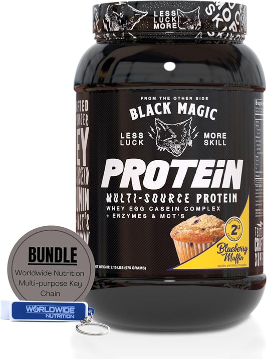 Worldwide Nutrition Bundle: Black Magic Multi-Source Protein Powder - Whey, Egg Albumin Enzymes, Micellar Casein & MCTs - Bodybuilding -Blueberry Muffin Flavor - 2 LB & Multi-Purpose Keychain