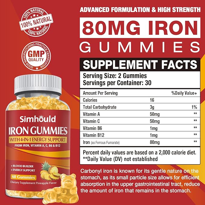 2 Pack Vegan 80MG Iron Supplement Gummies for Women & Men - Vitamin A, C, B for Adults & Kids - Blood Builder & Energy Support for Iron Deficiency, Anemia, 120 Counts Pineapple Flavor Gummies