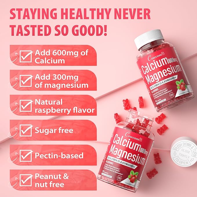 Calcium Magnesium Zinc Gummies Sugar-Free with Vitamin D3 B6 B12,High Absorption Calcium Magnesium Supplement,Bone, Muscles,Calm Mood,Sleep Support for Kids adults,90 Count Vegan Strawberry Flavor